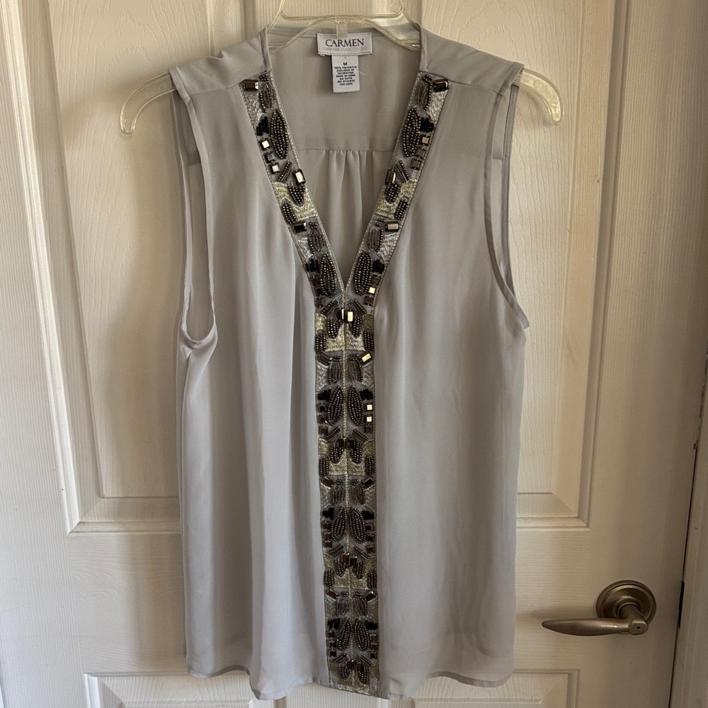 Carmen Marc Valvo Silver Beaded V-Neck Sleeveless Camisole‎